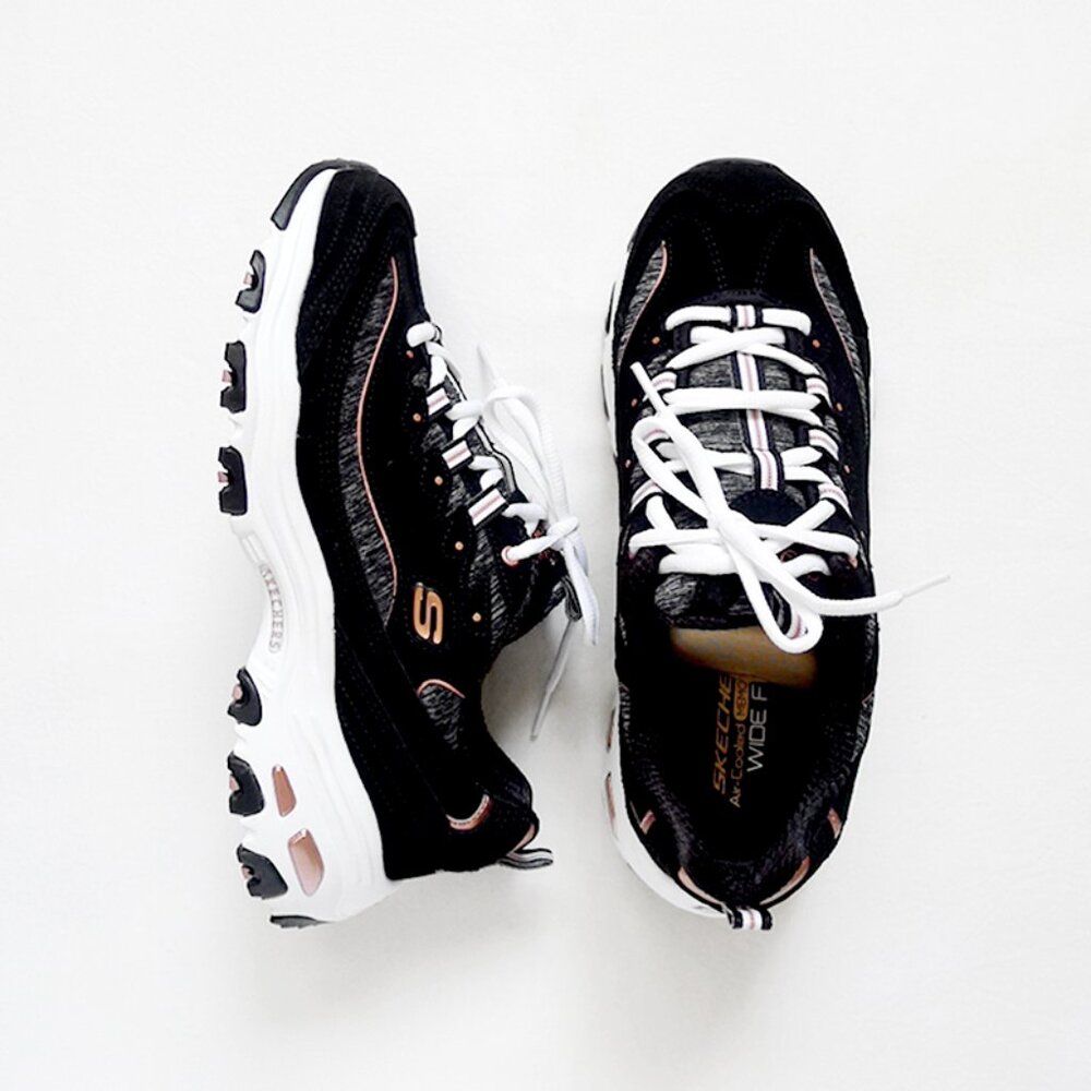 NEW SKECHERS D'LITES Air Cooled Memory Foam Black Rose Gold Wide Fit 8.5